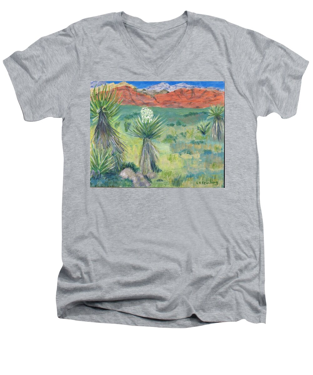 Nevada Men's V-Neck T-Shirt featuring the painting Red Rock Canyon with Yucca by Linda Feinberg
