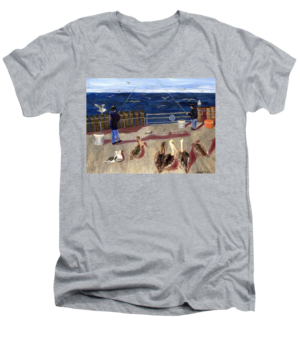 Birds Men's V-Neck T-Shirt featuring the painting Redondo Beach Pelicans by Jamie Frier