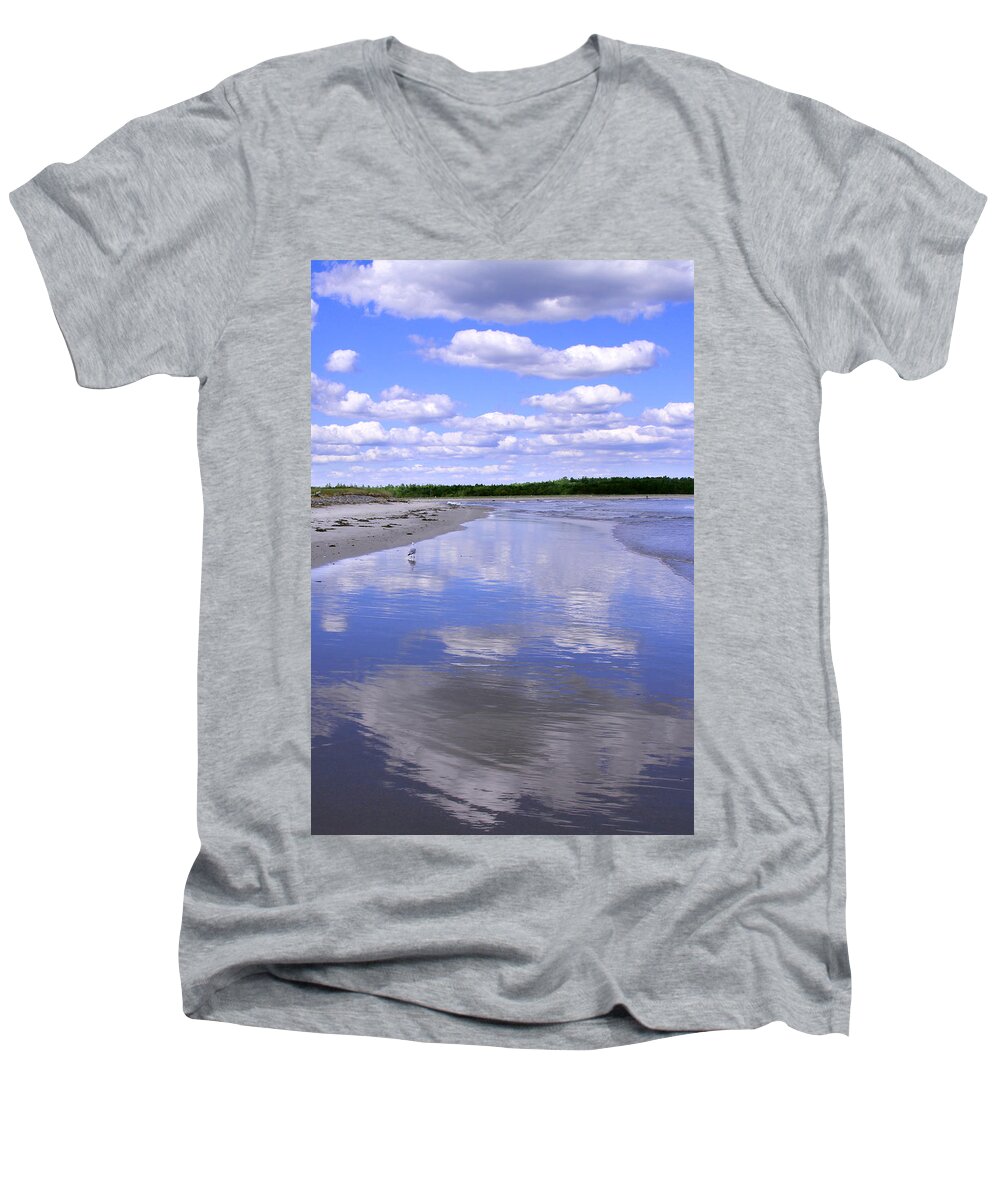Jemmy Archer Men's V-Neck T-Shirt featuring the photograph Reflections on Laudholm Beach by Jemmy Archer