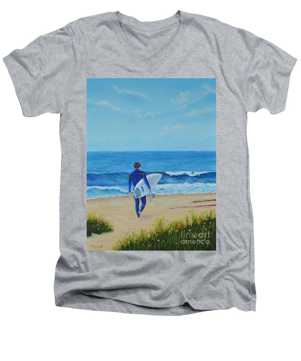 Surfer Men's V-Neck T-Shirt featuring the painting Returning to the waves by Mary Scott