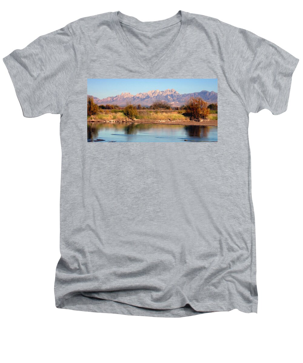 Las Cruces Men's V-Neck T-Shirt featuring the photograph River View Mesilla Panorama by Kurt Van Wagner