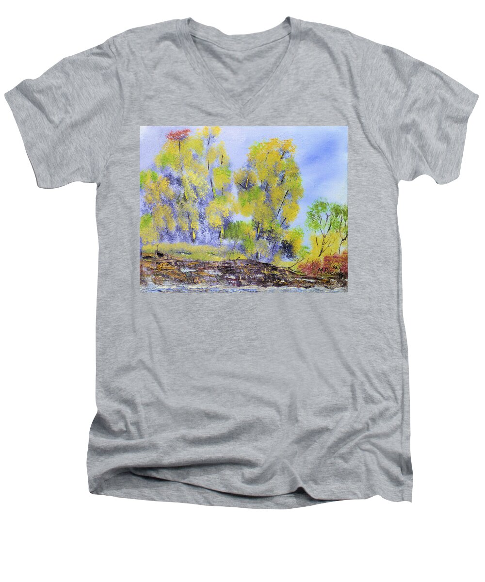 Painting Men's V-Neck T-Shirt featuring the painting River's Edge by Michael Daniels