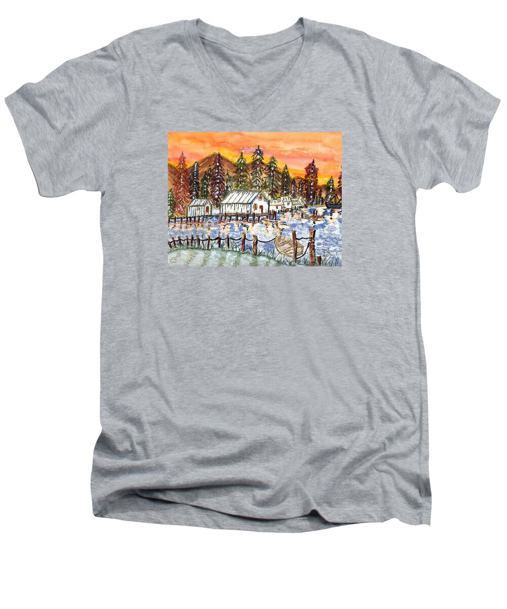 Oregon Men's V-Neck T-Shirt featuring the painting Road To The Oregon Coast by Connie Valasco