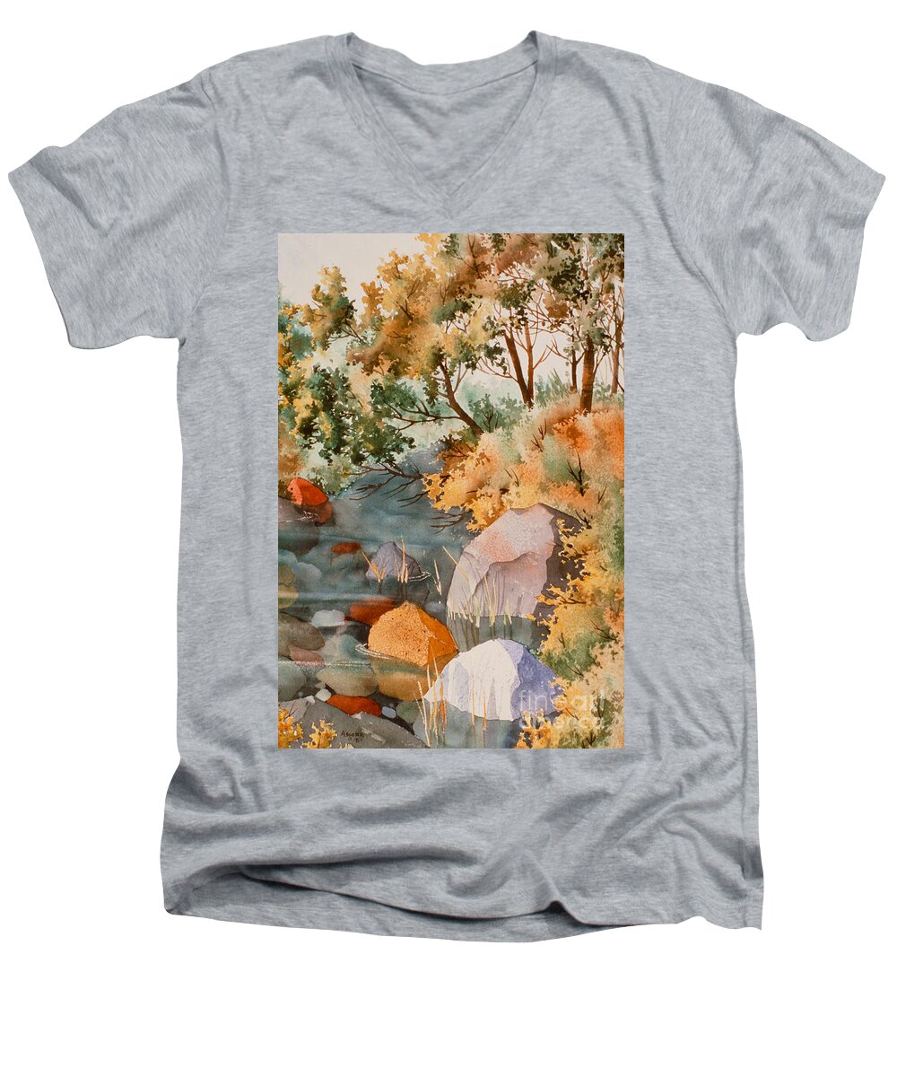 Rock Reflections Men's V-Neck T-Shirt featuring the painting Rock Reflections by Teresa Ascone