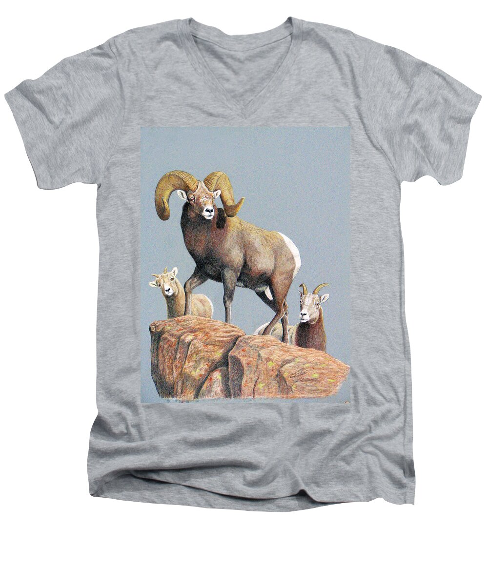 Rocky Mountain Bighorn Ram Men's V-Neck T-Shirt featuring the painting Rocky Mountain Ram Ewe and Lamb by Darcy Tate