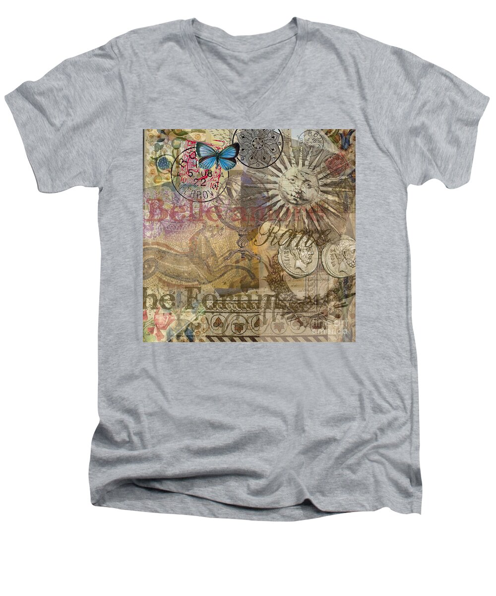 Doodlefly Men's V-Neck T-Shirt featuring the digital art Rome Vintage Italy Travel Collage by Mary Hubley