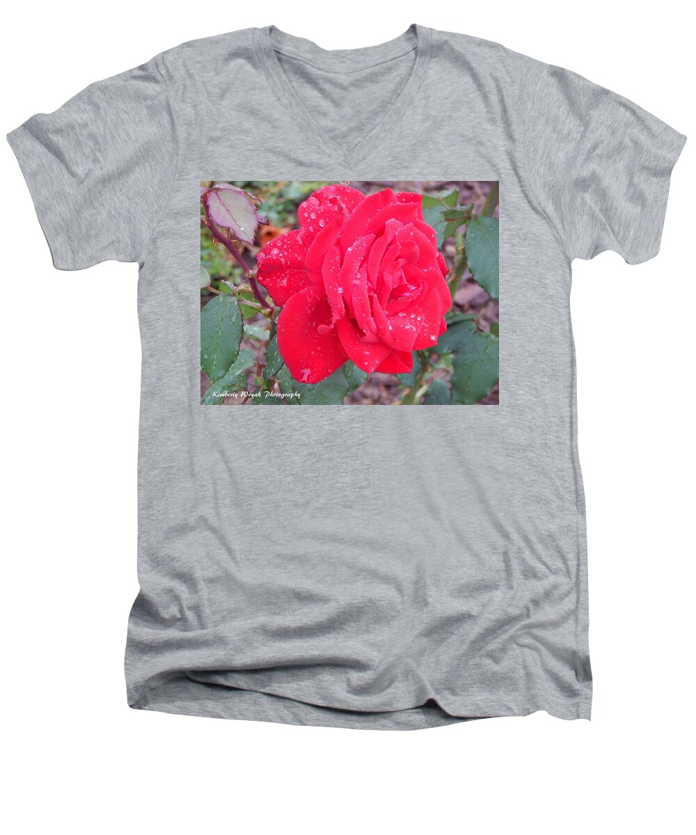 Rosie Men's V-Neck T-Shirt featuring the photograph Rosie Red by Kimberly Woyak