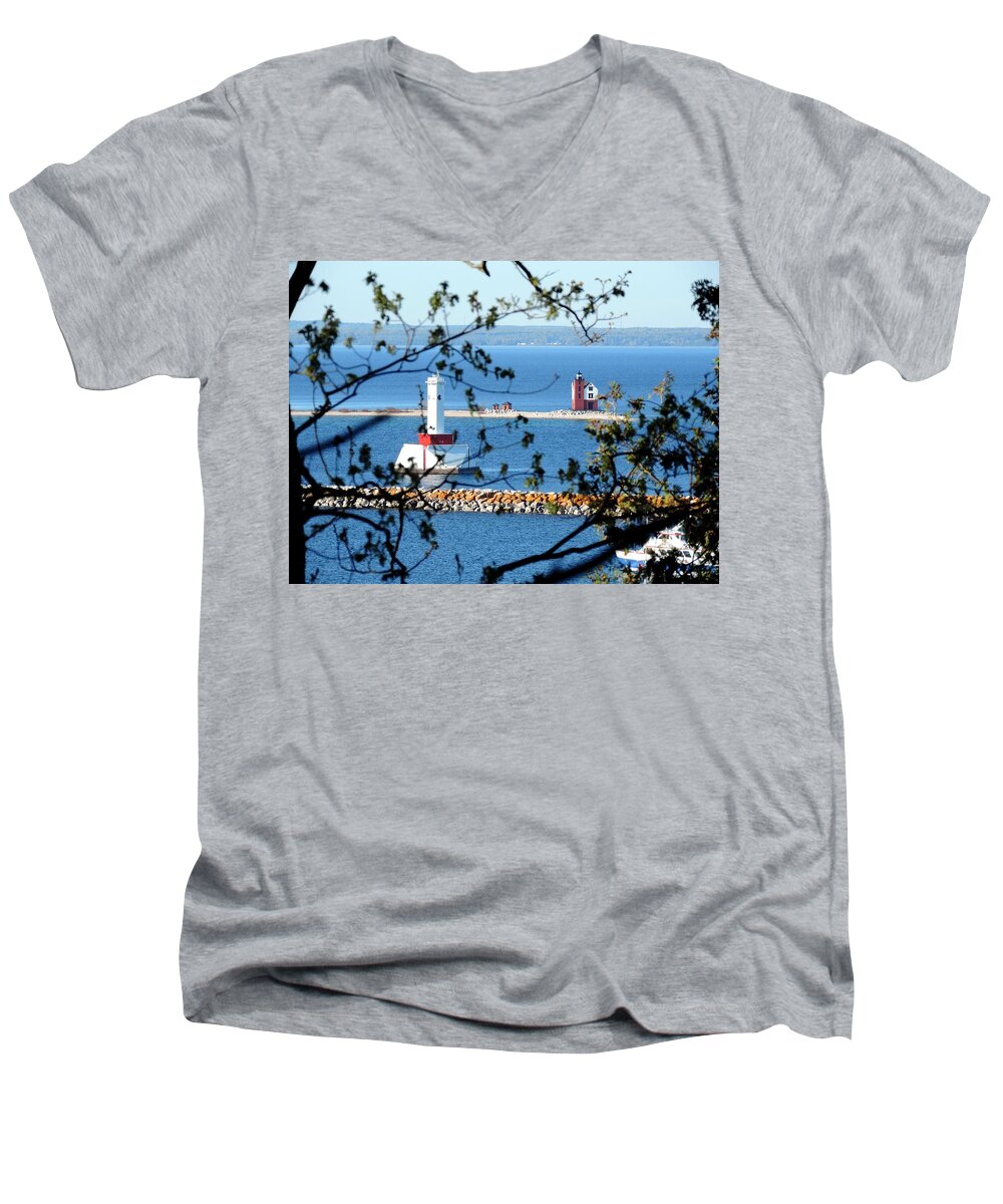 Lighthouses Men's V-Neck T-Shirt featuring the photograph Round Island Lighthouse and Round Island Passage Light by Keith Stokes