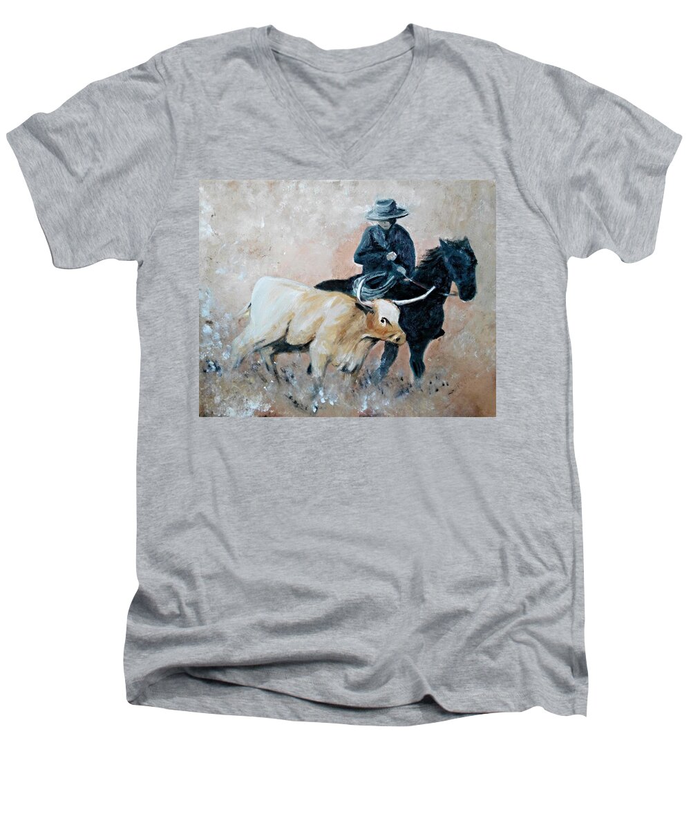 Cowboy Men's V-Neck T-Shirt featuring the painting Roundup by Abbie Shores