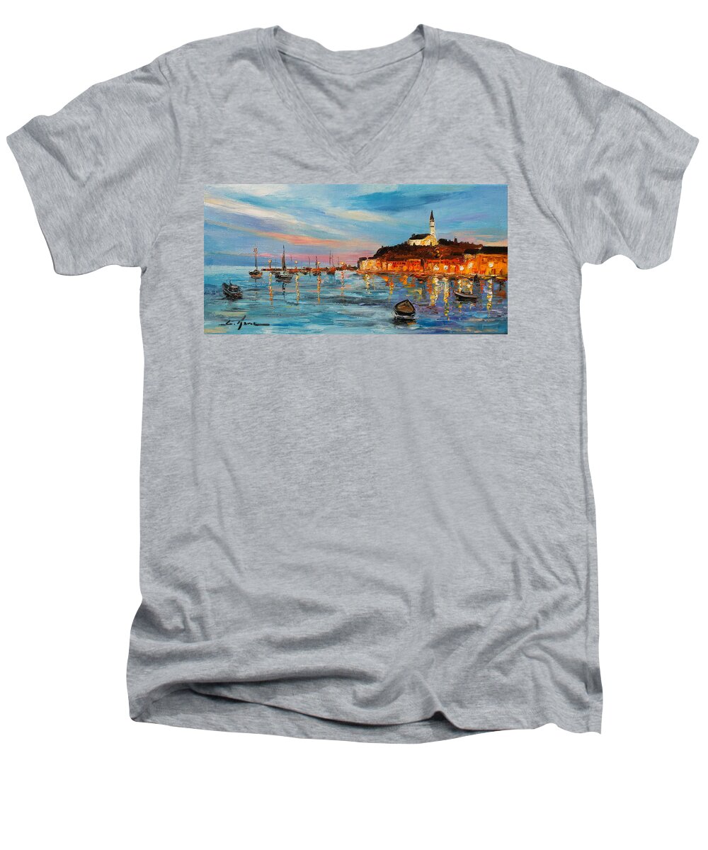 Rovanij Men's V-Neck T-Shirt featuring the painting Rovanij harbour by Luke Karcz