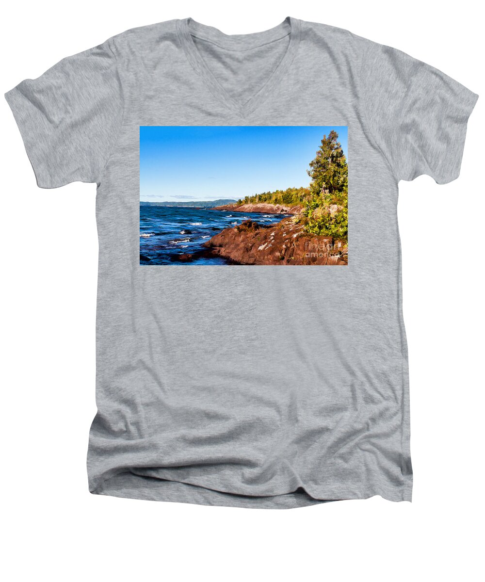 North Men's V-Neck T-Shirt featuring the photograph Rugged shoreline of Lake Superior by Les Palenik