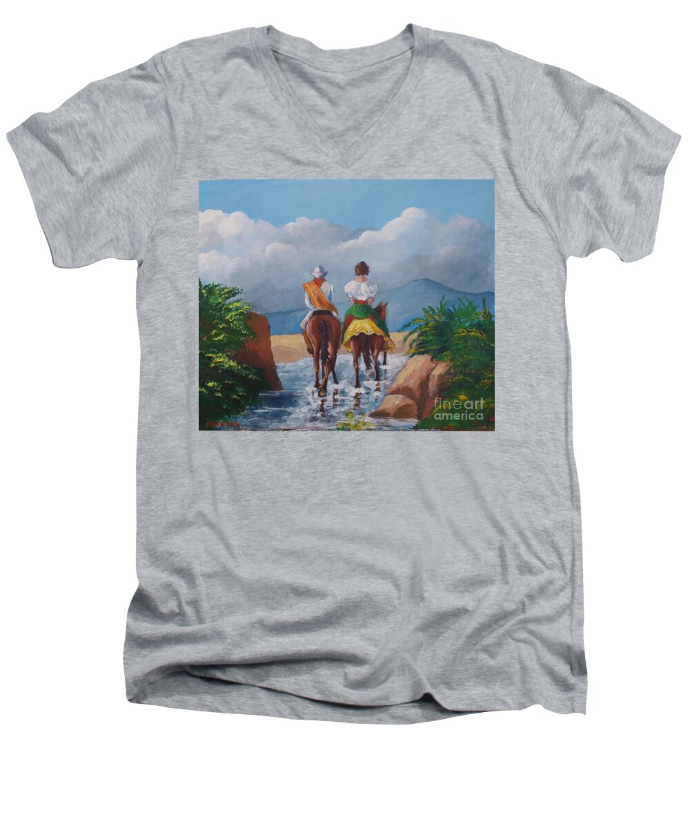 Sabanero Men's V-Neck T-Shirt featuring the painting Sabanero and wife crossing a river by Jean Pierre Bergoeing