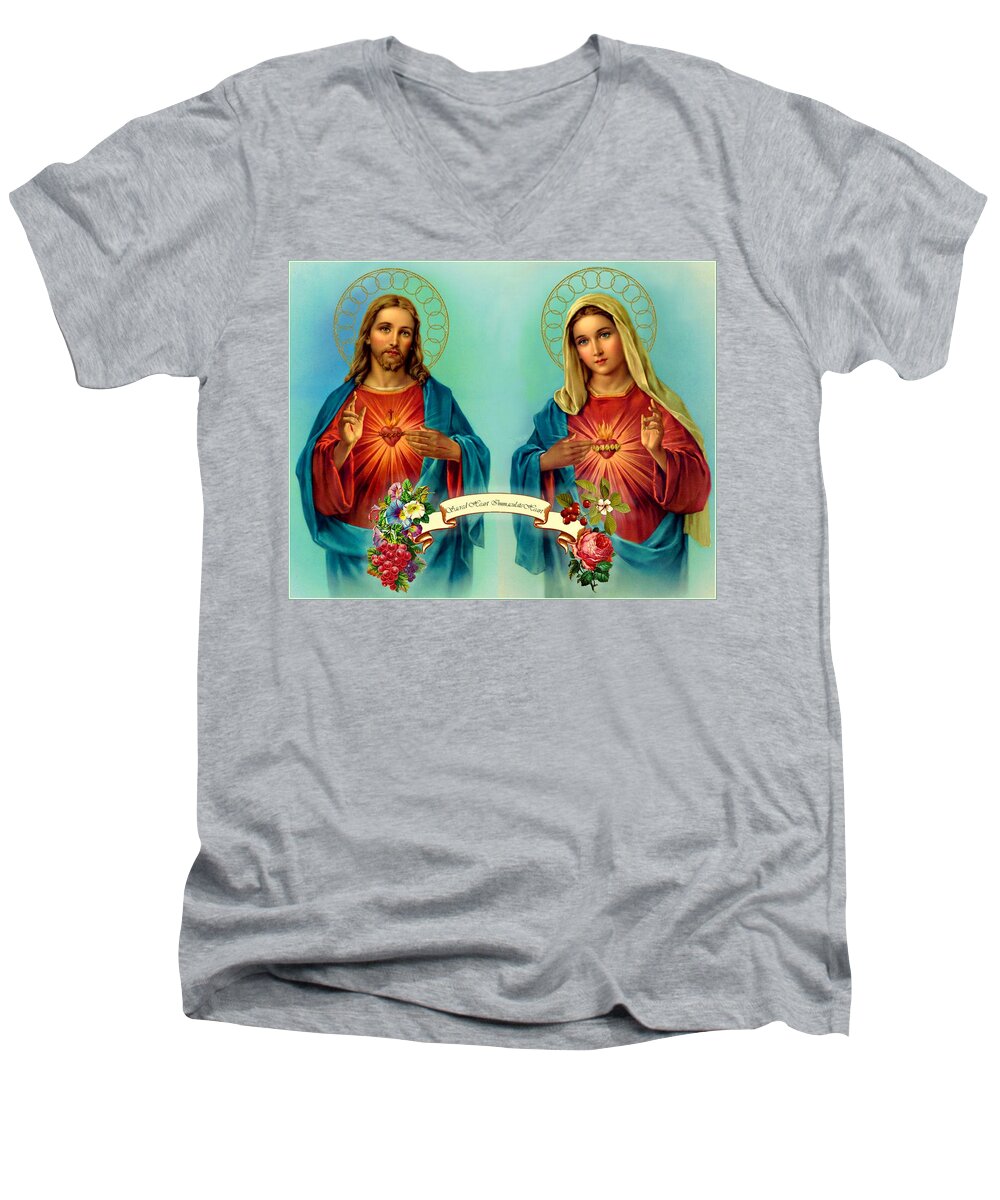 Jesus Men's V-Neck T-Shirt featuring the painting Sacred Heart Immaculate Heart by Movie Poster Prints