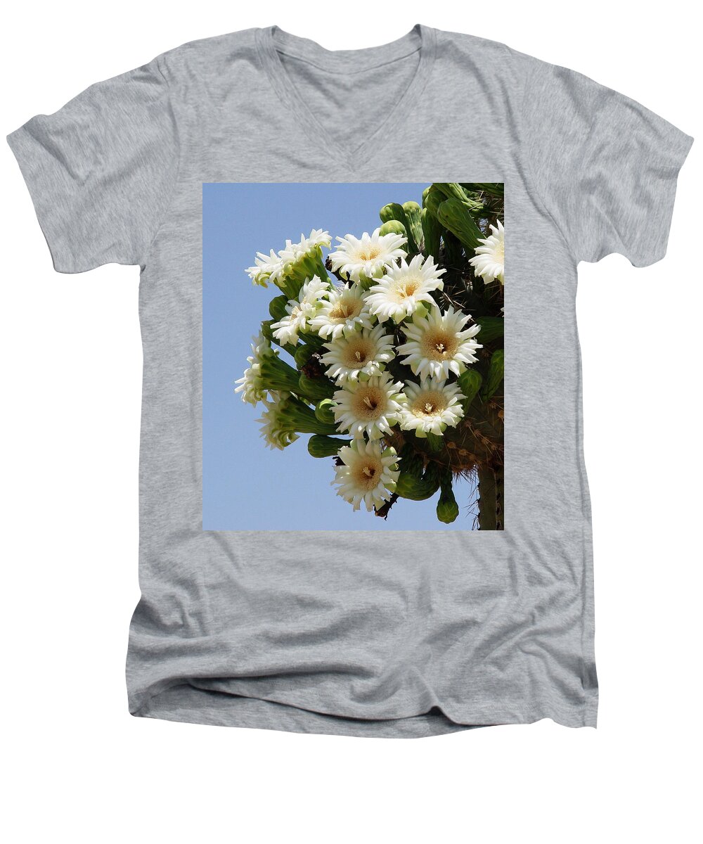 Saguaro In Bloom In The Superstition Mountains Men's V-Neck T-Shirt featuring the photograph Saguaro in Bloom In The Superstition Mountains by Tom Janca