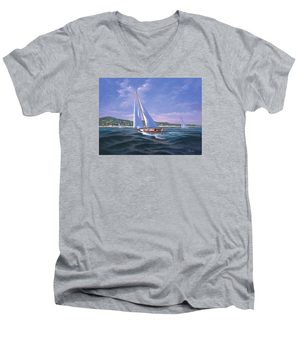 Ocean Men's V-Neck T-Shirt featuring the painting Sailing on Monterey Bay by Del Malonee