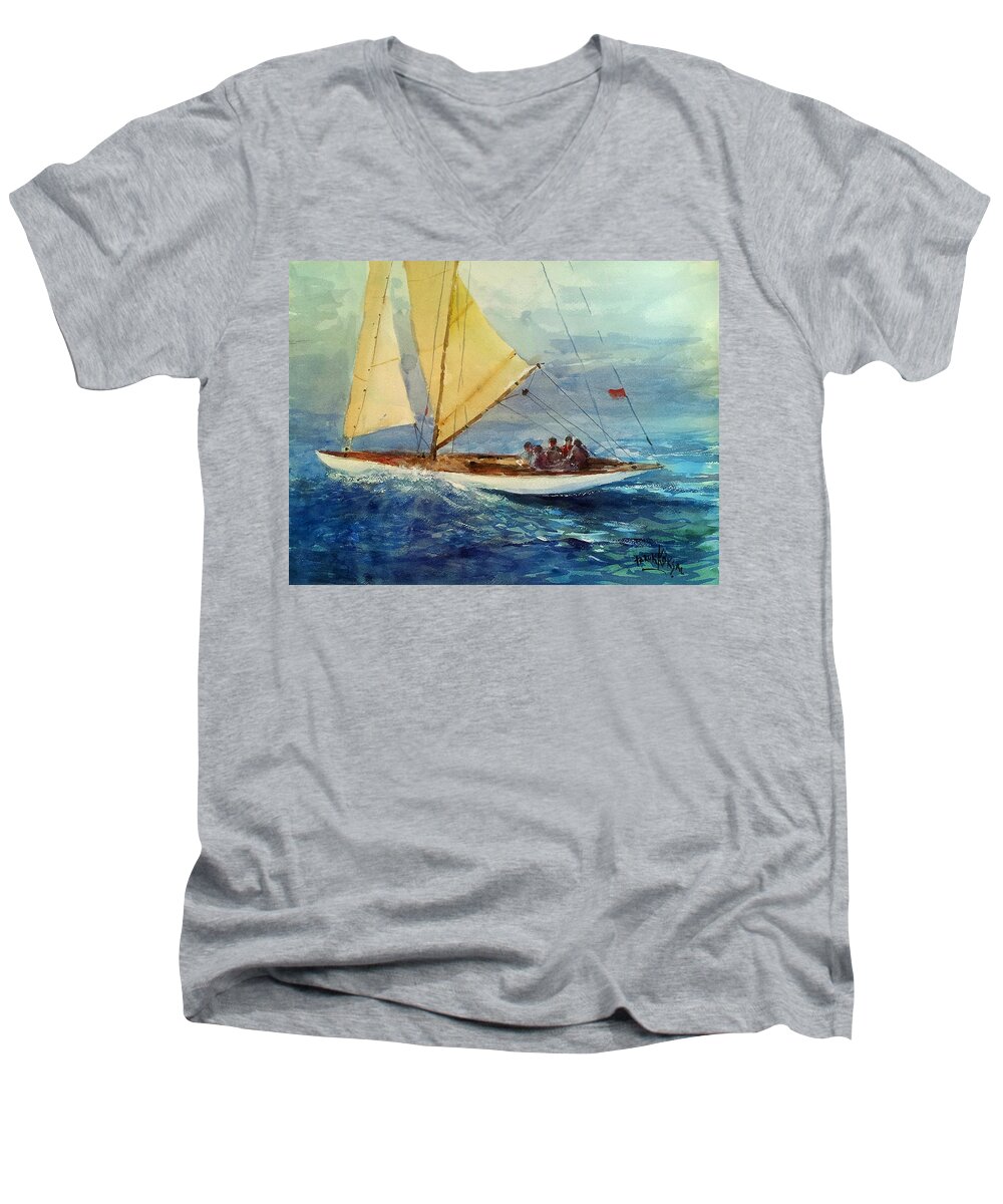 Sail Men's V-Neck T-Shirt featuring the painting Sailing Pleasure by Faruk Koksal
