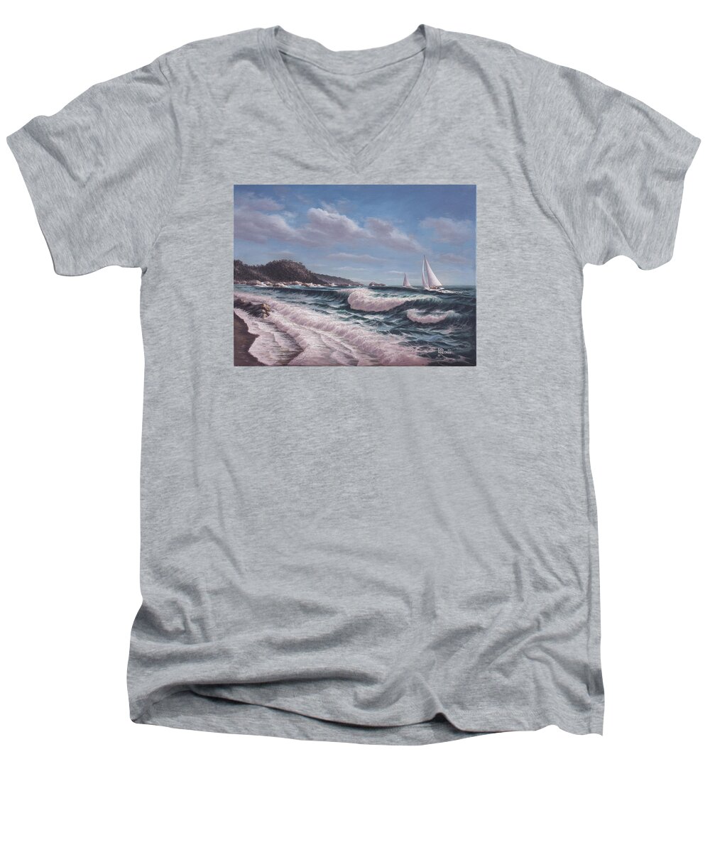 Ocean Men's V-Neck T-Shirt featuring the painting Sailing Toward Point Lobos by Del Malonee