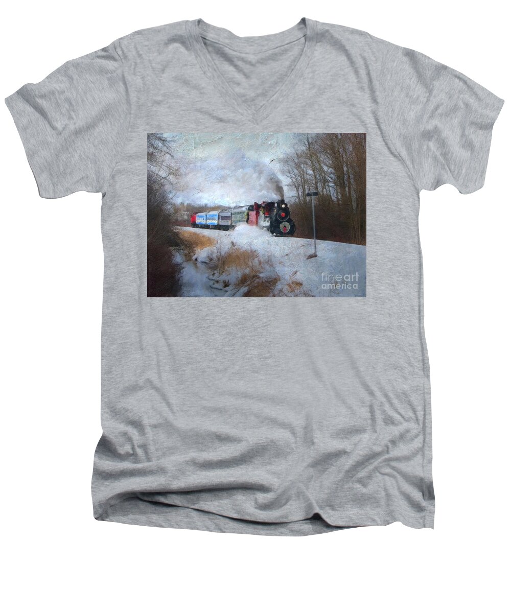 Railroad Men's V-Neck T-Shirt featuring the digital art Santa Train - Waterloo Central Railway No Text by Lianne Schneider