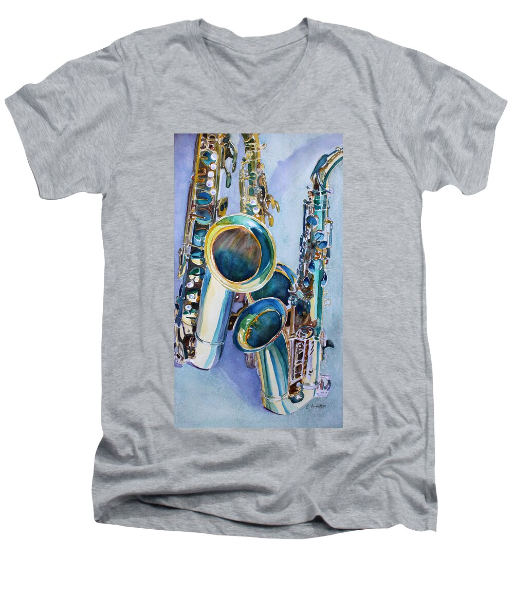 Sax Men's V-Neck T-Shirt featuring the painting Saxy Trio by Jenny Armitage