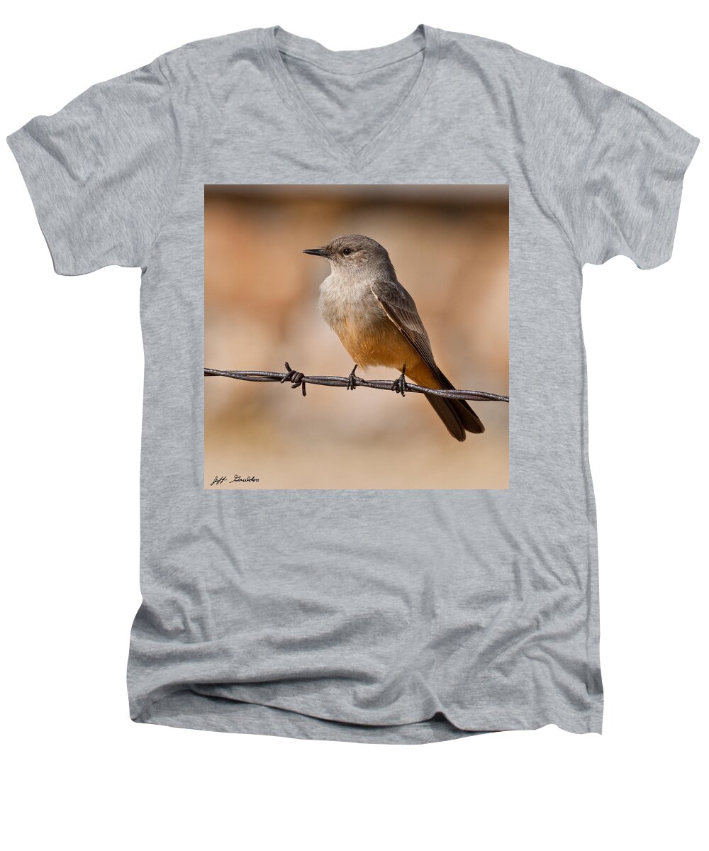 Animal Men's V-Neck T-Shirt featuring the photograph Say's Phoebe on a Barbed Wire by Jeff Goulden
