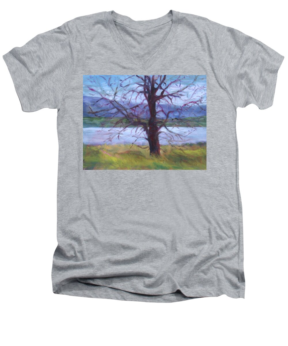 Water Men's V-Neck T-Shirt featuring the painting Scenic Landscape Painting Through Tree - Spring Has Sprung - Color Fields - Original Fine Art by Quin Sweetman