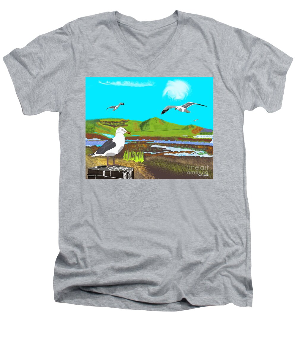 Birds Men's V-Neck T-Shirt featuring the mixed media Seagulls by Paul Fields