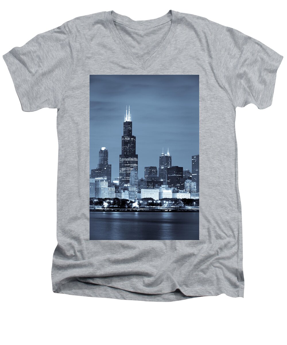 Chicago Skyline Men's V-Neck T-Shirt featuring the photograph Sears Tower in Blue by Sebastian Musial