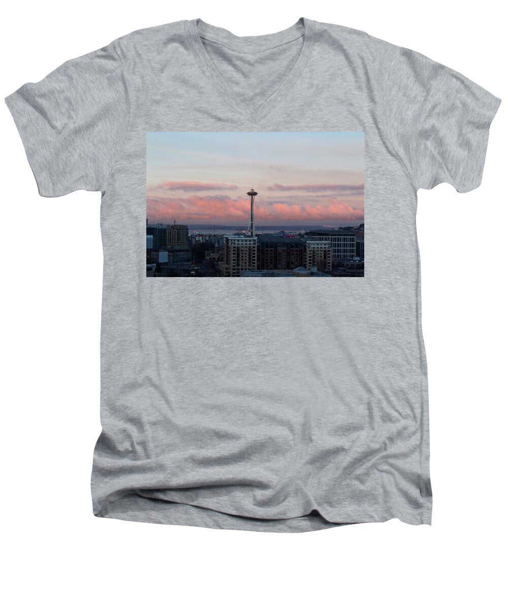Seattle Men's V-Neck T-Shirt featuring the photograph Seattle In Pink by Suzanne Lorenz