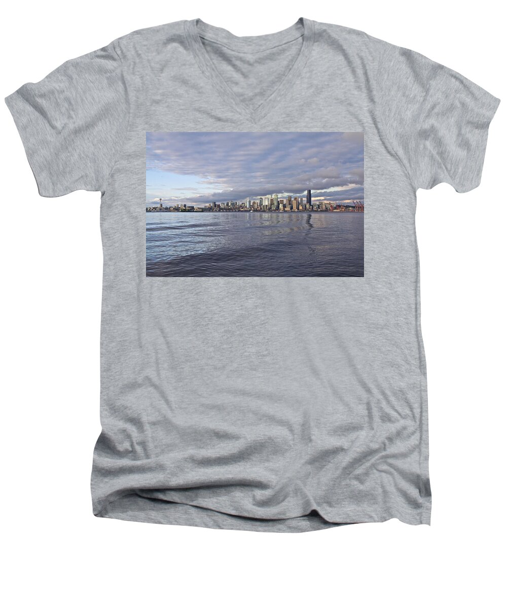 Sun Set Men's V-Neck T-Shirt featuring the photograph Seattle skyline Cityscape by SC Heffner