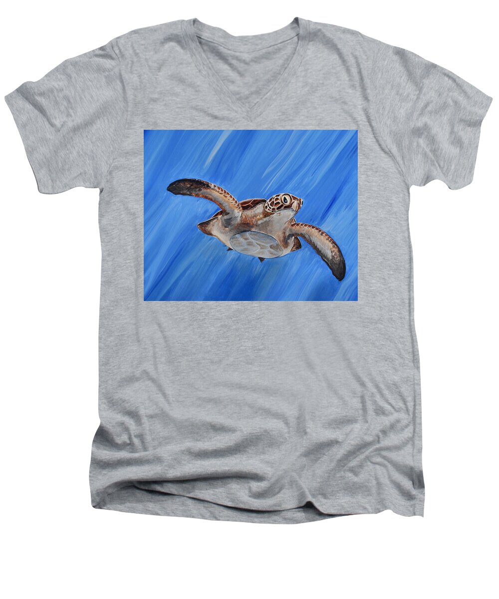 Seaturtle Men's V-Neck T-Shirt featuring the painting Seaturtle by Steve Ozment