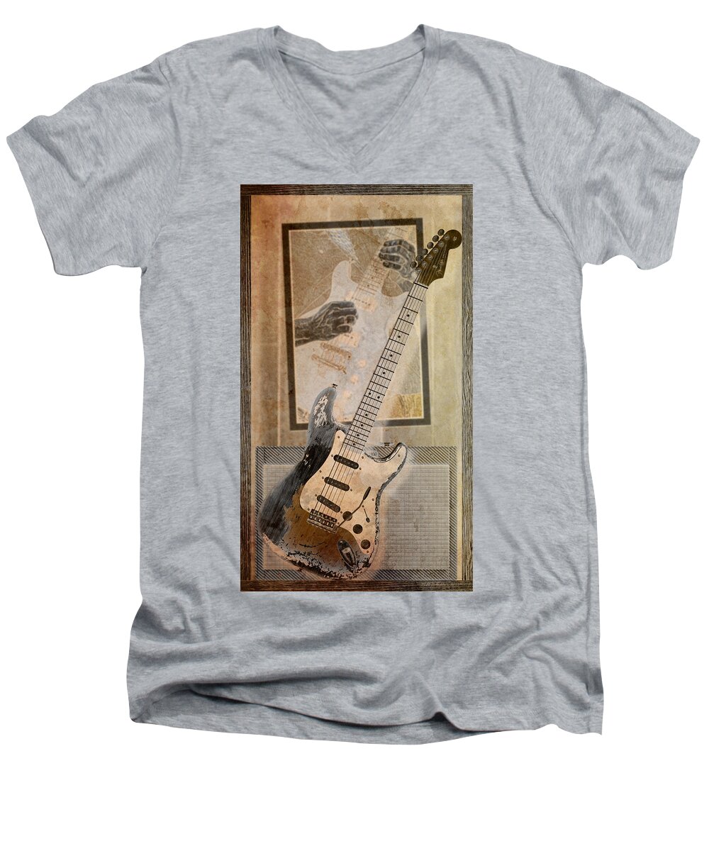 Fender Stratocaster Men's V-Neck T-Shirt featuring the digital art Sepia Strat by WB Johnston