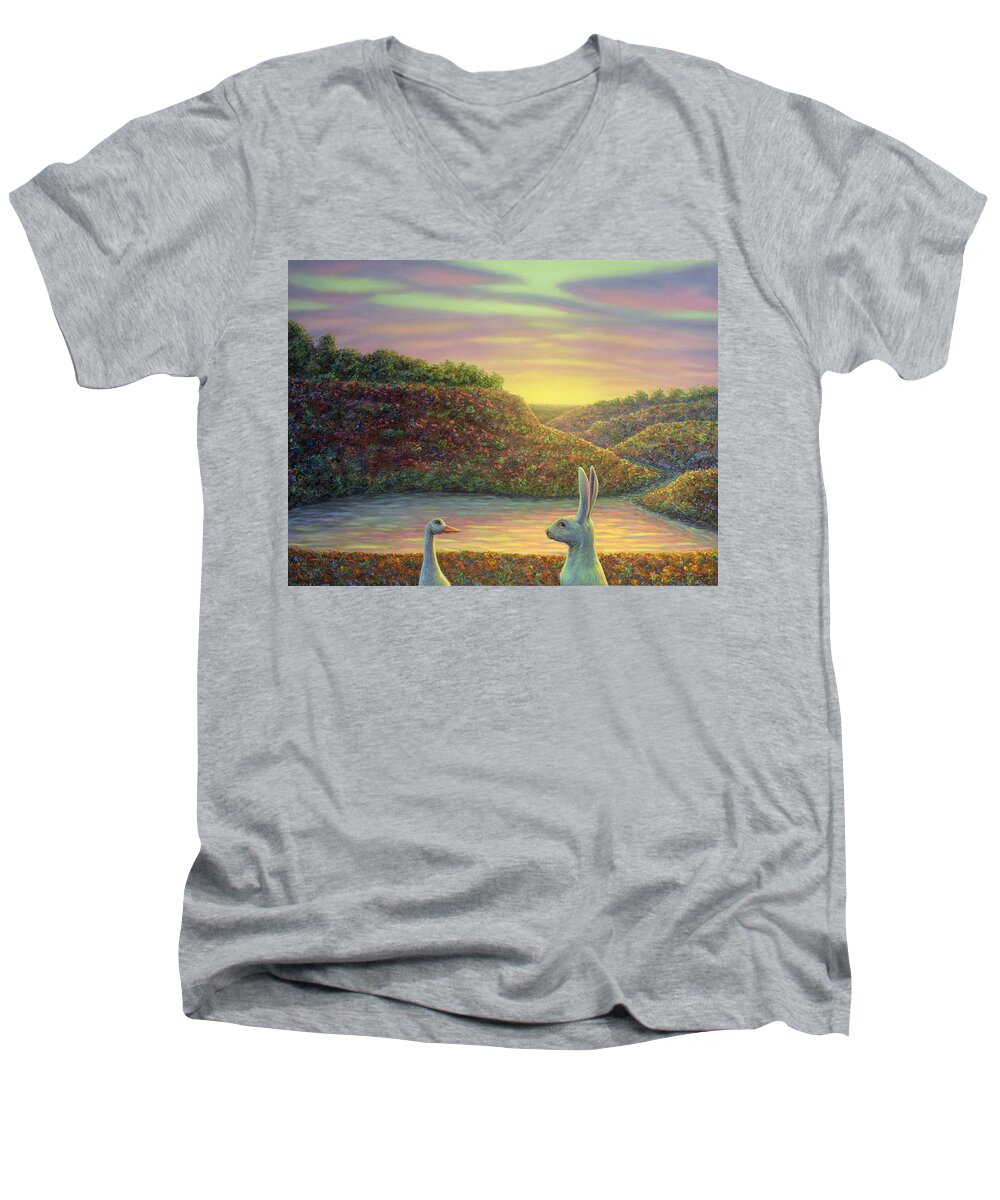 Sharing Men's V-Neck T-Shirt featuring the painting Sharing a Moment by James W Johnson