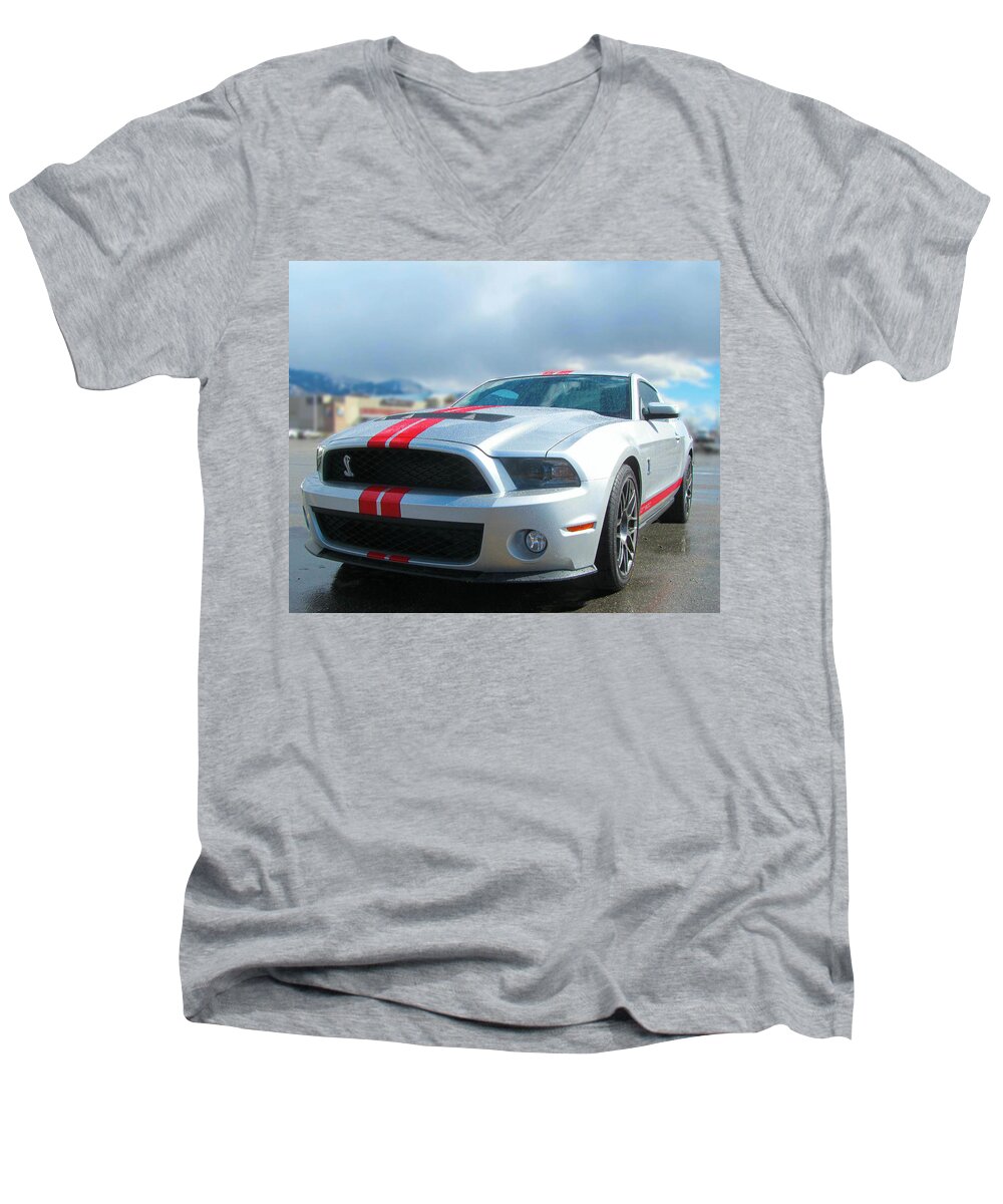 Ford Mustang Cobra Men's V-Neck T-Shirt featuring the digital art Shelby by Gary Baird