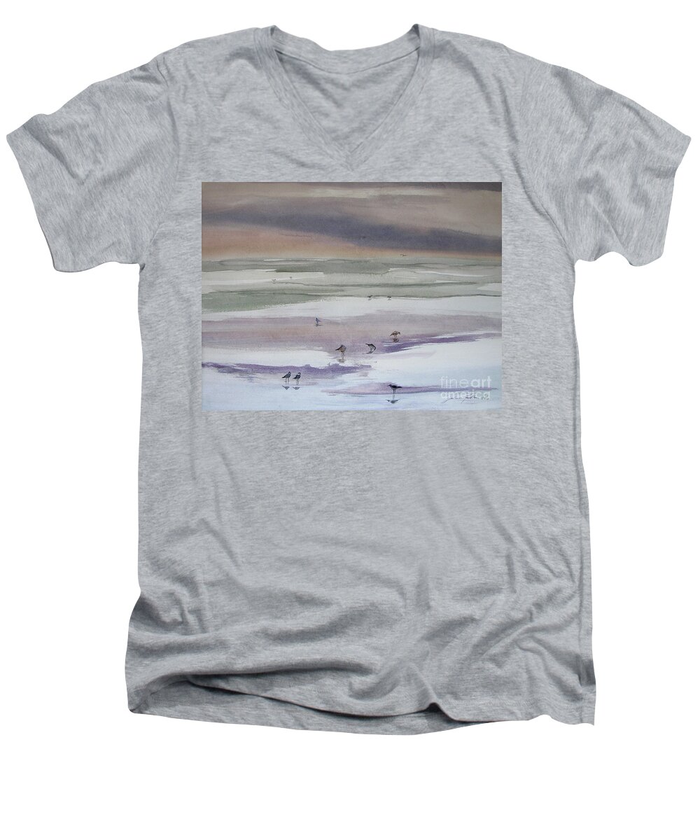 Original Paintings Men's V-Neck T-Shirt featuring the painting Shoreline Birds II by Julianne Felton