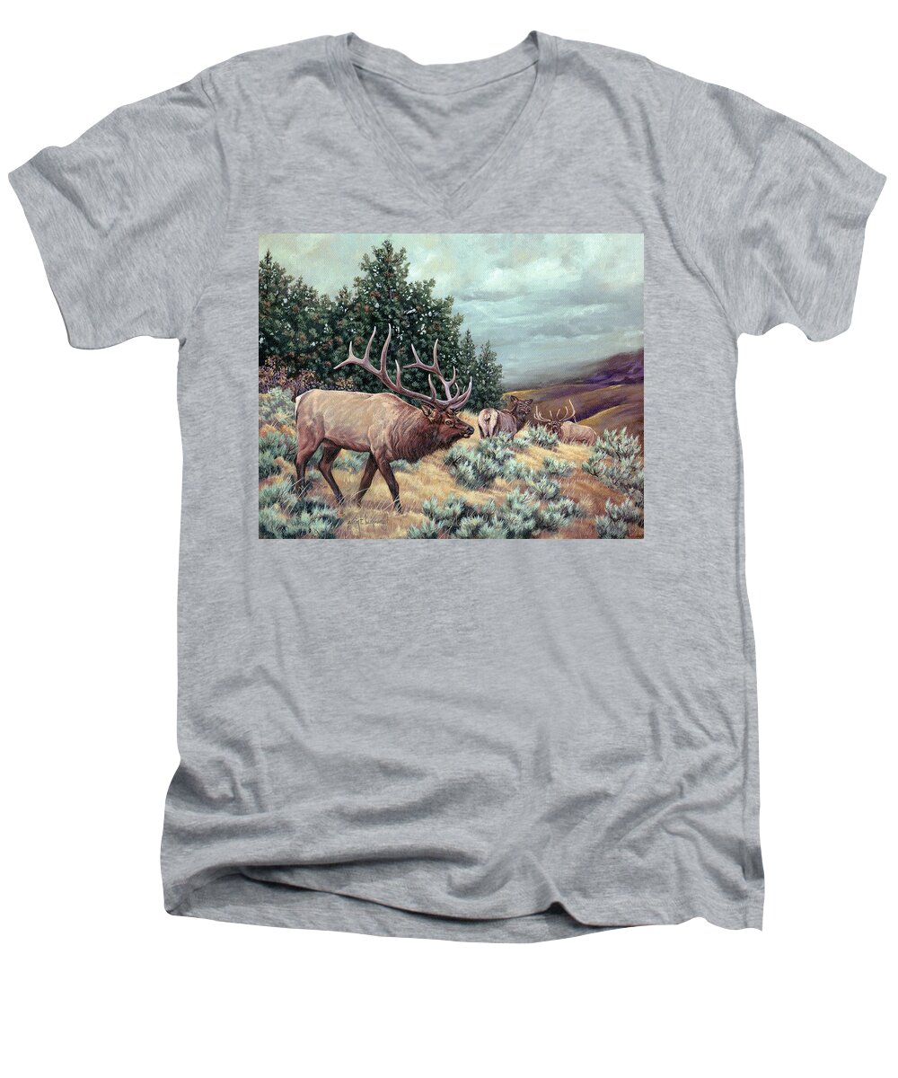 Elk Men's V-Neck T-Shirt featuring the painting Showdown by Craig Burgwardt