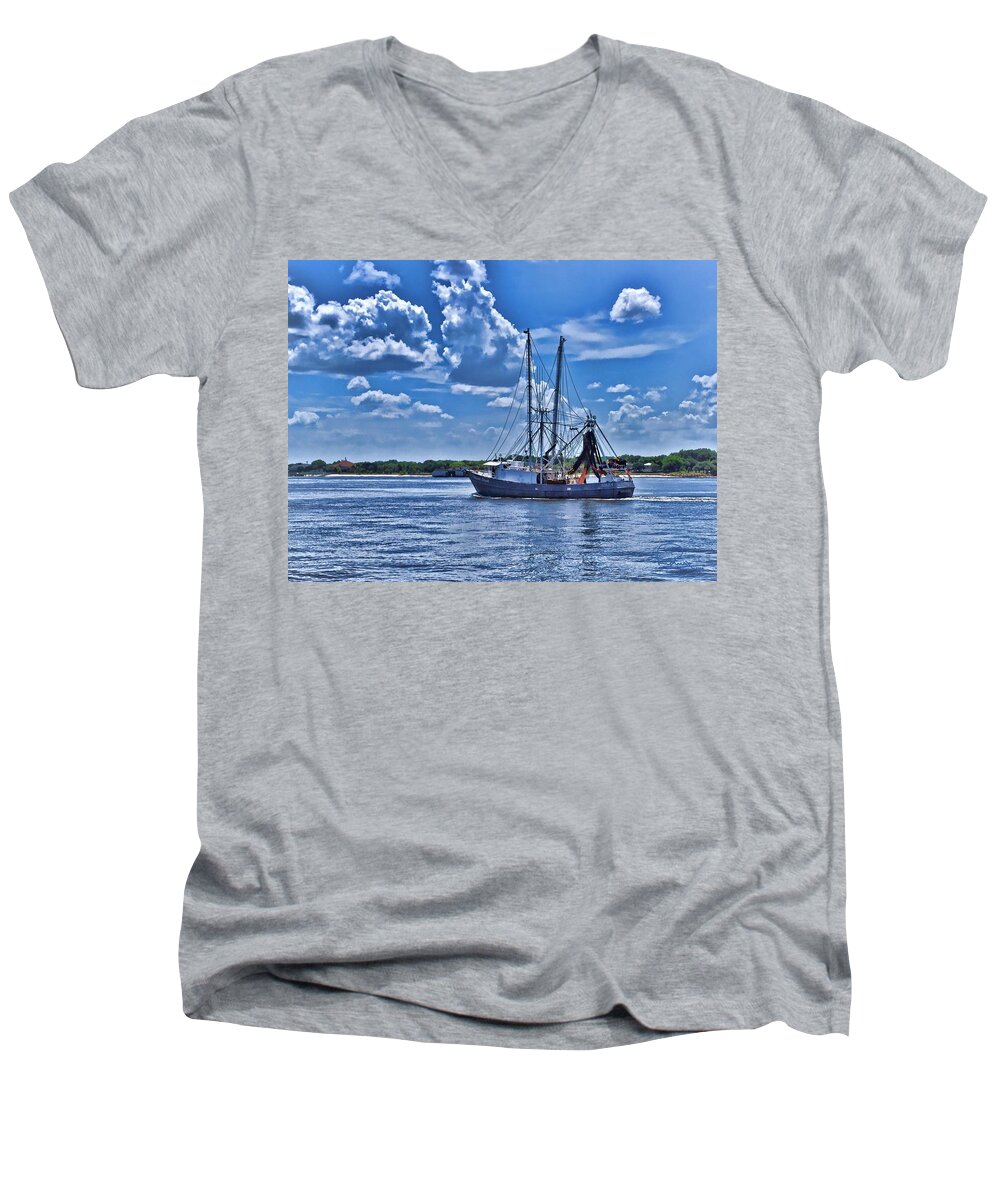 Boat Men's V-Neck T-Shirt featuring the digital art Shrimp Boat Heading to Sea by Ludwig Keck