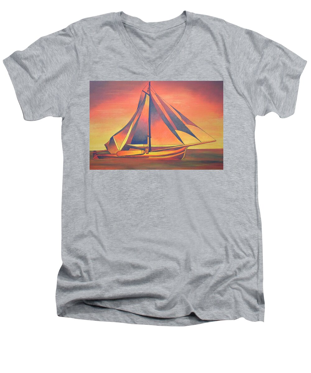 Sailboat Men's V-Neck T-Shirt featuring the painting Sienna Sails At Sunset by Taiche Acrylic Art