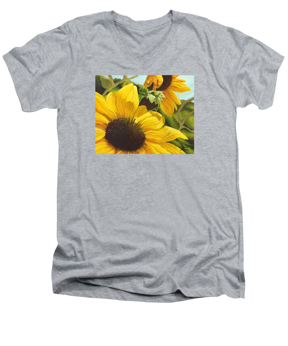 Sunflower Men's V-Neck T-Shirt featuring the painting Silver Leaf Sunflowers by Adam Johnson