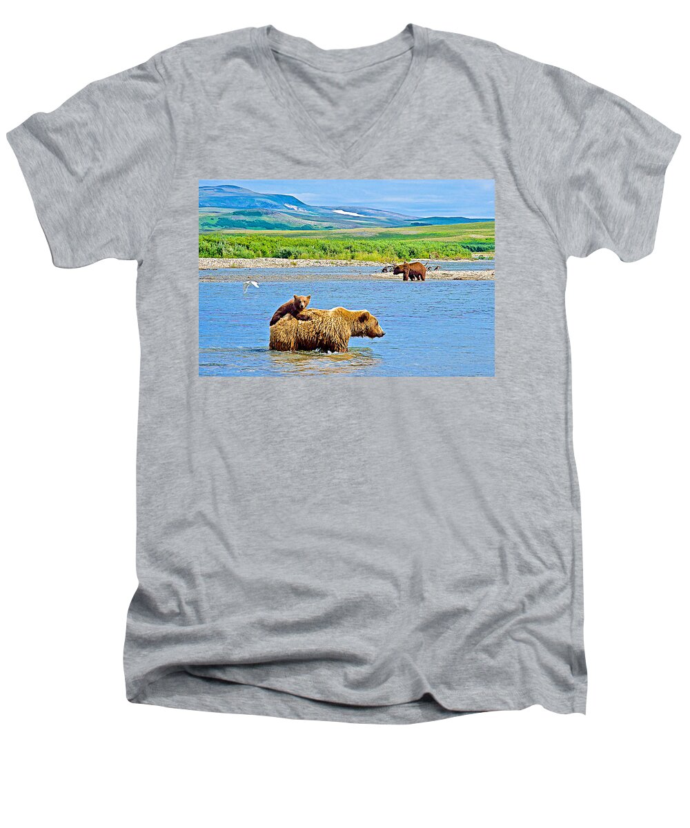 Six-month-old Grizzly Bear Cub Riding On Mom's Back To Cross Moraine River In Katmai National Preserve Men's V-Neck T-Shirt featuring the photograph Six-month-old Cub Riding on Mom's Back to Cross Moraine River in Katmai National Preserve-Alaska by Ruth Hager