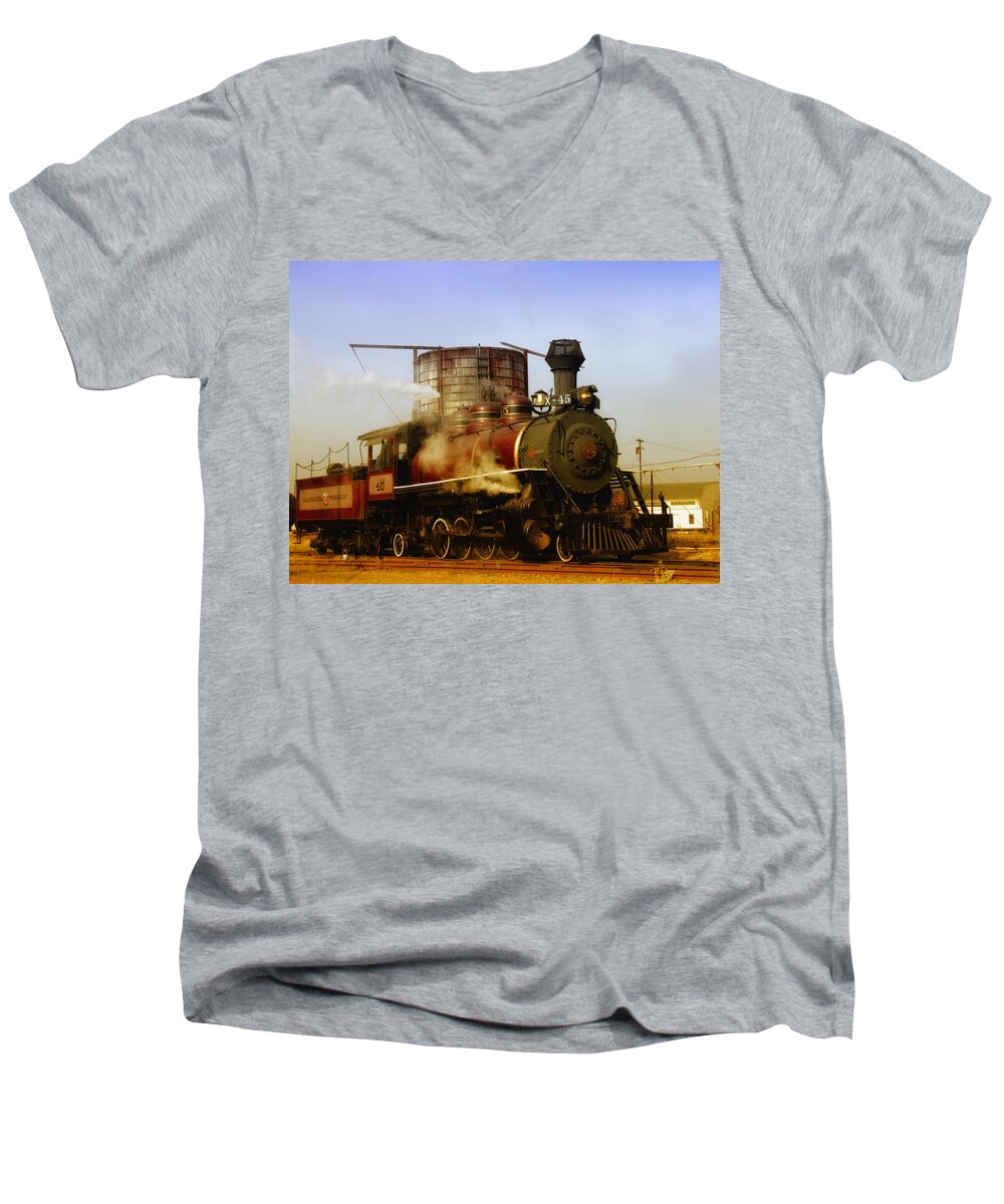 Mendocino Skunk Train Men's V-Neck T-Shirt featuring the photograph Skunk Train by Donna Blackhall