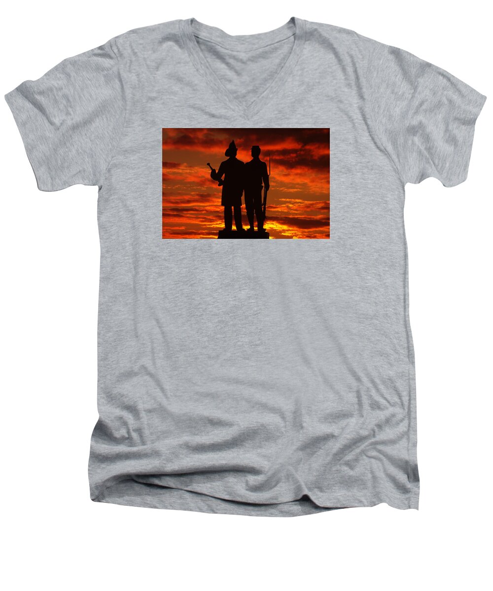 Civil War Men's V-Neck T-Shirt featuring the photograph Sky Fire - 73rd NY Infantry Fourth Excelsior Second Fire Zouaves-A1 Sunrise Autumn Gettysburg by Michael Mazaika