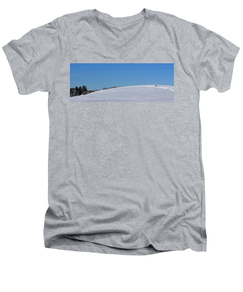 Lancaster Ma Men's V-Neck T-Shirt featuring the photograph Dexter Drumlin Hill Sledding by Michael Saunders