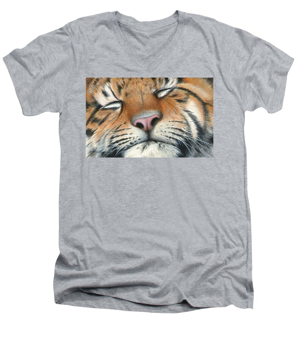 Tiger Men's V-Neck T-Shirt featuring the painting Sleeping Beauty by Mike Brown