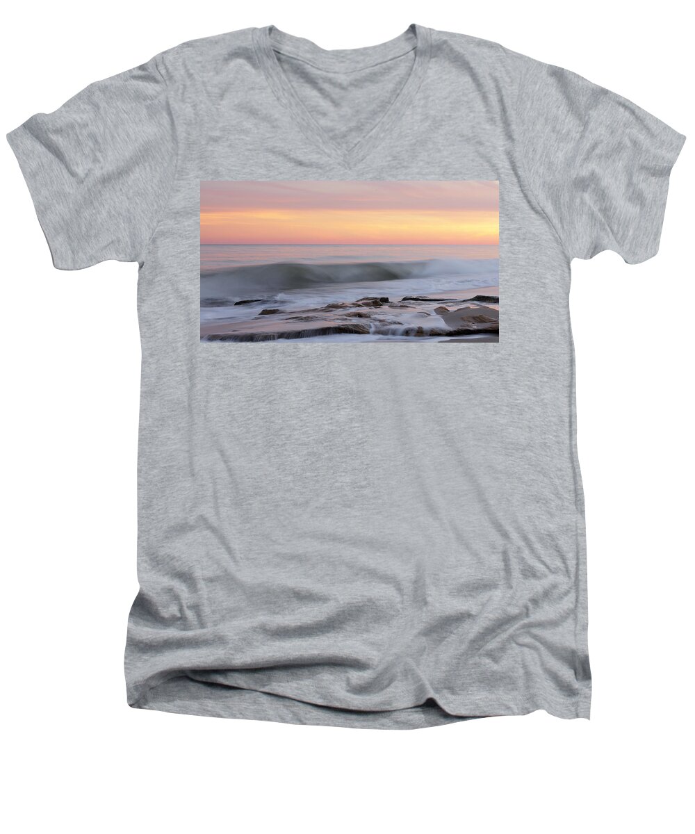 Beach Men's V-Neck T-Shirt featuring the photograph Slow Motion Wave At Colorful Sunset by Jo Ann Tomaselli