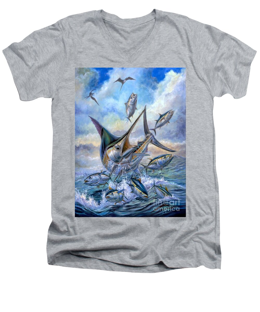 Blue Marlin Men's V-Neck T-Shirt featuring the painting Small Tuna And Blue Marlin Jumping by Terry Fox