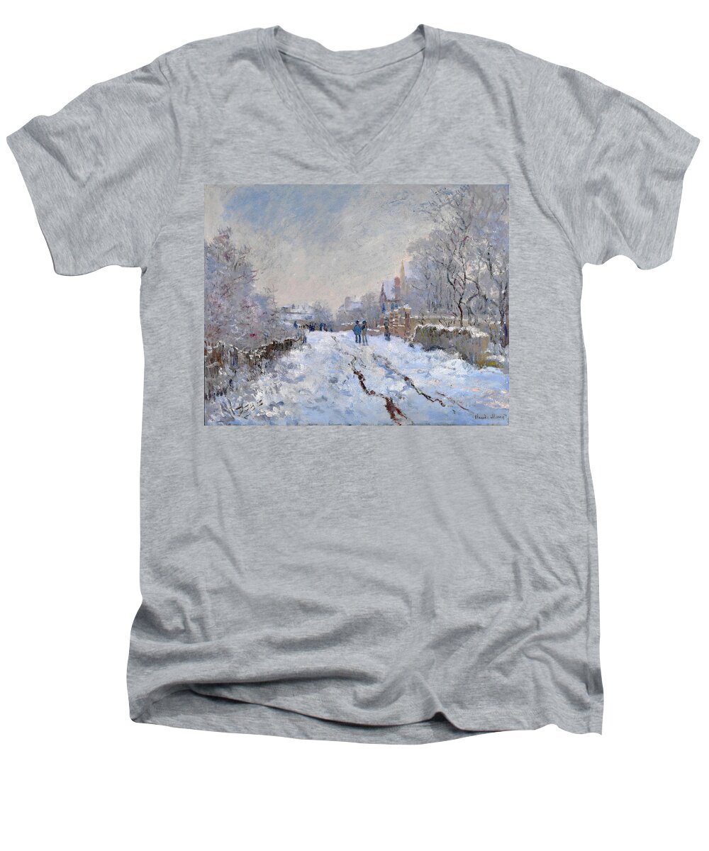 Claude Monet Men's V-Neck T-Shirt featuring the painting Snow Scene at Argenteuil by Claude Monet