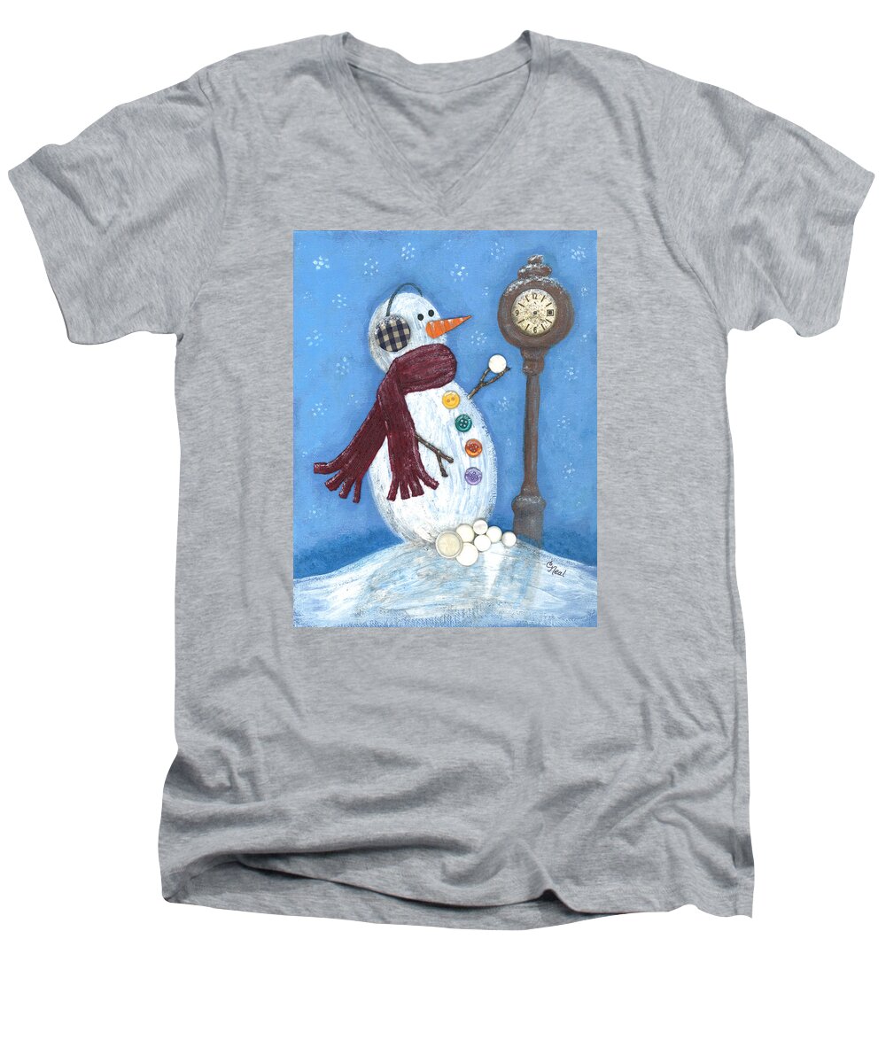 Snow Time Men's V-Neck T-Shirt featuring the mixed media Snow Time by Carol Neal