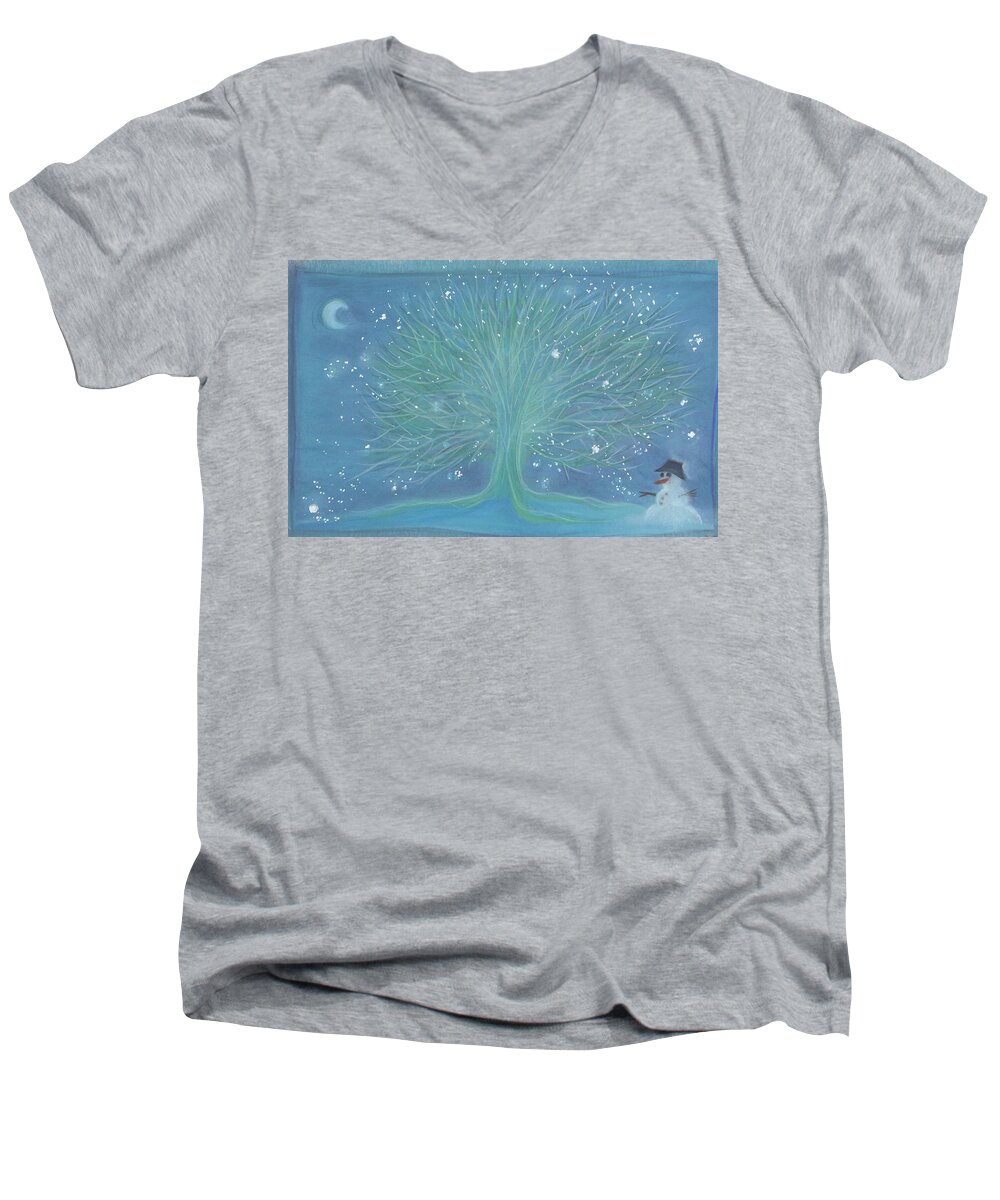 First Star Art Men's V-Neck T-Shirt featuring the painting Snowman Tree by jrr by First Star Art