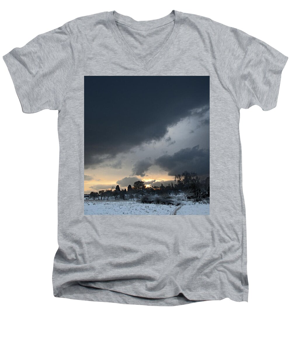 Landscape Men's V-Neck T-Shirt featuring the digital art Snowy Dawn by David Davies