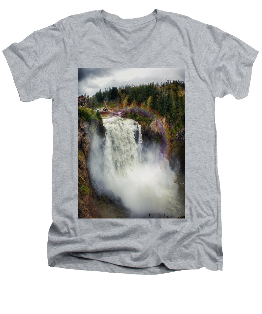 Snoqualmie Falls Washington State 6 Frame Panoramic 3 Exposures Per Frame Hdr Men's V-Neck T-Shirt featuring the photograph Somewhere Over the Falls by James Heckt